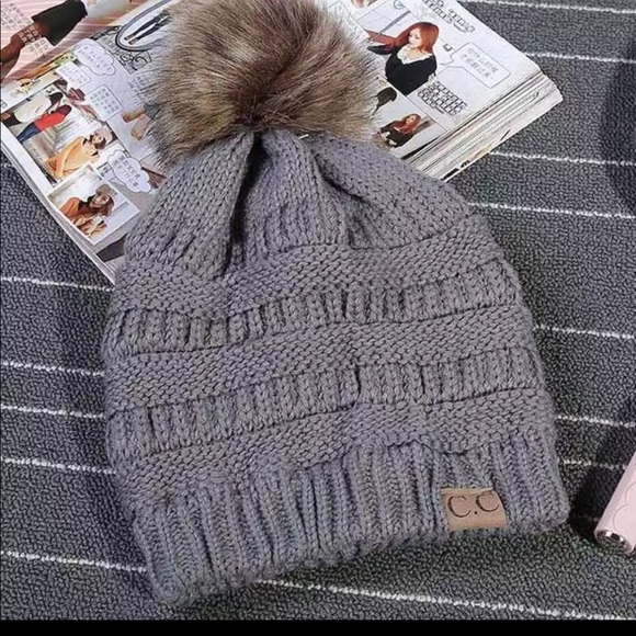 Accessories - RESTOCKED! CC Fur Lined Beanie W/ Pompom in Grey